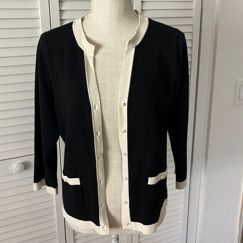 New York & Company Black Cardigan with Cream Trim and Pearl Buttons Classic M